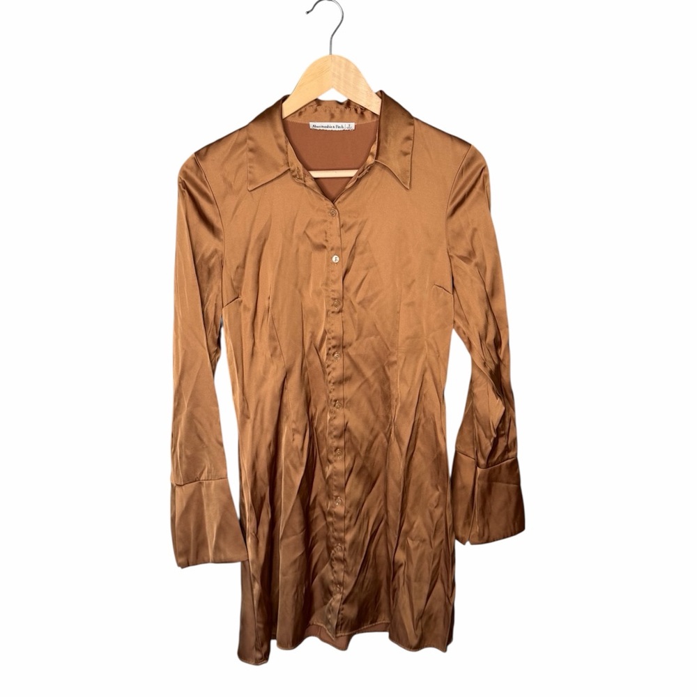 Abercrombie & Fitch Satin Mini Shirt Dress - Copper - Picture 2 of 9